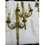 LIGHTING, pair of antique design ornate brass twin branch wall lights with flaming torch design, 23"