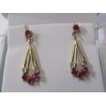 PAIR OF 9ct YELLOW GOLD RUBY & DIAMOND DROP EARRINGS