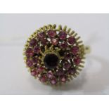 9ct YELLOW GOLD RUBY CLUSTER RING, unusual Mughal design, size T, approx 8.4 grams in weight