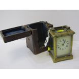 CARRIAGE CLOCK, French brass cased bevelled glass carriage clock with key, together with early