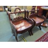 PAIR OF HALL CHAIRS, mahogany fretwork back and frieze hall chairs