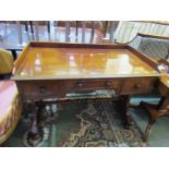 VICTORIAN MAHOGANY DESK, kneehole tray top desk with turned stretcher and wooden knop handles, 44"