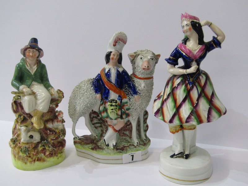 STAFFORDSHIRE POTTERY, 19th Century Staffordshire group of Highland Girl with large Sheep, 8";