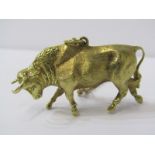 GOLD BULL PENDANT, unusual gold bull, indistinct mark, tests high carat, on tests 9ct yellow gold