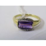 18ct YELLOW GOLD AMETHYST & DIAMOND RING, unusual back cut curved amethyst set with accent