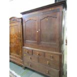 GEORGIAN DESIGN OAK LINEN PRESS, chest base of 5 short and 1 long drawer with twin cupboard top with