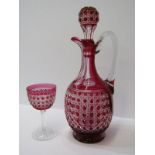 GLASSWARE, ruby cased cut glass claret jug, together with 11 matching stem wines