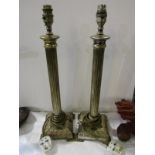 LIGHTING, pair of brass column square base 17" table lights