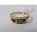 18ct YELLOW GOLD 3 STONE RUBY RING, size R