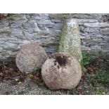 GRANITE MUSHROOM, 27" high stalk, 17" dia top, together with 1 other top, both tops with slight