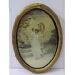 ANTIQUE NEEDLEWORK, Regency coloured silk embroidered oval panel "The Dancer", 5.5" x 3.5"