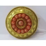 CORAL BROOCH, coral set yellow metal brooch, tests high carat gold approx. 11.3grms in weight