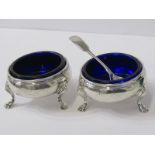 PAIR OF GEORGIAN SILVER SALTS, with blue glass liners, HM London 1757, approx. 120 grams, 4 ozs