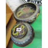 CLOISONNE, Chinese black ground dragon design, circular bowl, 12" diameter, on hardwood stand,