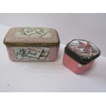 ANTIQUE ENAMEL WARE, Bilston-style patch box "The Hobby Horse", together with similar French