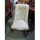 VICTORIAN NURSING CHAIR, carved walnut scroll back nursing chair with attractive button back