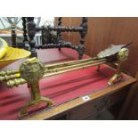 ANTIQUE BRASSWARE, 3 piece fire companion set with similar fire dogs