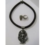 SILVER RINGS & WHITE METAL MARKED SILVER EGYPTIAN PENDANT ON LEATHER COLLAR, 2 silver rings, 1 stone