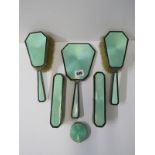 SILVER & ENAMEL DRESSING TABLE SET, 6 piece silver and green enamel dressing table set including