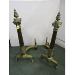 METALWARE, paif of impressive ornate brass tapering column fire dogs with flame finial, 31" height