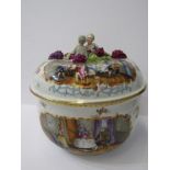 DRESDEN, 19th Century Dresden lidded circular pot and cover, decorated with social interiors and