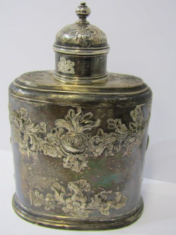 ANTIQUE CADDY, attractive floral embossed oval bodied tea caddy with Armorial engraved lid, 5" - Image 2 of 3