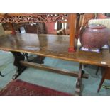 ANTIQUE DESIGN OAK REFECTORY TABLE, early 2 plank top with later plain stretcher and shaped