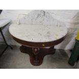 VICTORIAN WASH STAND, marble topped demi-lune mahogany wash stand on central scroll leg, 40" width