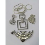 SILVER ITEMS, selection of 3 loose silver pendants and silver pendant on chain including 2 fish,