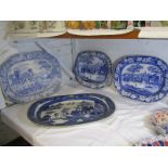 BLUE TRANSFERWARE, 2 Victorian "Canal" pattern 16" meat plates, also early 19th Century "Castle