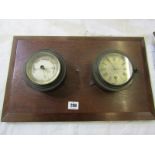 MARITIME, mahogany mounted ships aneroid barometer and matching cylindrical cased clock, clock