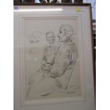 DRAKE BROOKSHAW, signed pen and ink, "Study of Two Seated Women", 16" x 11"