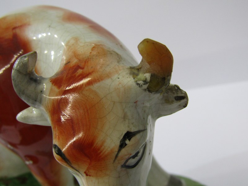 STAFFORDSHIRE POTTERY, pair of 19th Century Heifer and Calf riverside figure groups (some - Image 3 of 4