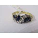 18ct YELLOW GOLD SAPPHIRE & DIAMOND RING, unusual bypass design, graduated brilliant cut diamonds,