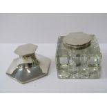 INK WELLS, silver ink well of hexagonal form, 3.5" dia, marks worn, together with a cut glass square