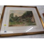 19th CENTURY ENGLISH SCHOOL, indistinctly signed watercolour "Cottage Garden with figure and