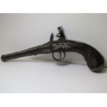 GEORGIAN PISTOL, a fine silver wire inlaid flintlock pistol with cannon barrel, by H. Delany with