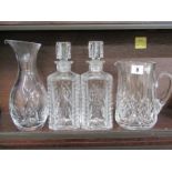 WATERFORD GLASS, pair of square base whisky decanters, also Waterford cut glass jug, 7" and 10"