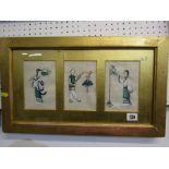 CHINESE SCHOOL, set of 3 paintings on rice paper, "Courtiers", framed as one, 6" x 4" each panel