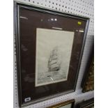 ROWLAND LANGMAID, signed etching "Dolphins in front of Tall Ship", 11.5" x 8"
