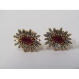 PAIR OF 18ct YELLOW GOLD & RUBY CLUSTER EARRINGS, principal rectangular cut rubies in multi claw