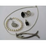 SILVER JEWELLERY, including silver fish pendant, 2 silver rings, silver pendants and faux pearl