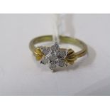 9ct YELLOW GOLD DIAMOND CLUSTER RING OF FLORAL DESIGN, size J