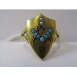 VINTAGE 18ct YELLOW GOLD MASONIC RING of shield design set with turquoise and seed pearl, size N