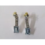 PAIR OF 18ct WHITE GOLD AQUAMARINE & DIAMOND DROP EARRINGS, rectangular cut aquamarine with mixed