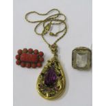 BROOCH, PENDANT & RING, large pinchback pendant with amethyst colour stone on yellow metal chain,