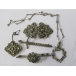 SILVER & WHITE METAL ITEMS, including Scottish HM Claymore sword brooch, EPNS spelt buckle & others