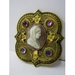 VICTORIAN BUCKLE, a fine ornate brass cameo portrait inset ladies buckle, 4" height