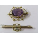 2 GOLD BROOCHES, 1 9ct gold amethyst, other 15ct gold peridot and seed pearl