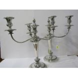 SILVERPLATE, pair of Victorian silverplate twin branch circular base candelabra, 15" height